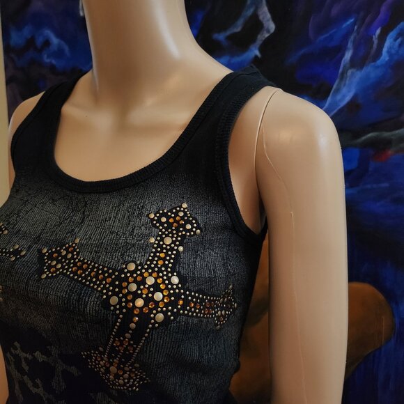VocalUSA - Black Tank Top with Embellished Cross Pattern Size Small - Picture 7 of 14